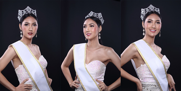 Collage group pack of Miss Pageant Contest in Asian Evening Ball Gown dress with Diamond Crown empty Sash, fashion make up face eyes love heart hair style, lighting black dark background copy space