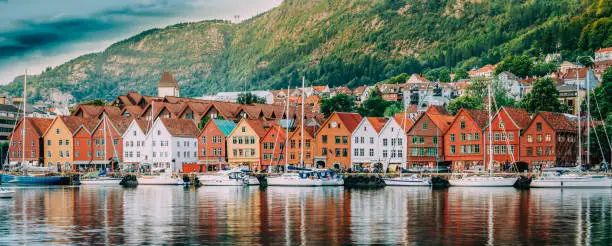 Photo of Bergen, Norway. View Of Historical Buildings Houses In Bryggen - Hanseatic Wharf In Bergen, Norway. UNESCO.