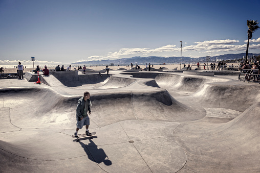 The Venice Beach Skate Park is a popular attraction at Venice Beach, Santa Monica, where skaters come to test their skills in a customized concrete skate bowl.