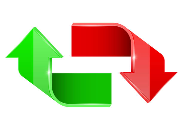 czerwone i zielone strzałki. symbole 3d w górę i w dół - moving down arrow sign symbol three dimensional shape stock illustrations