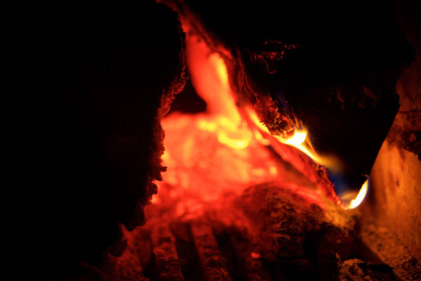 Wooden logs lie in a furnace and burn. Oven with a grill made of metal. Around ashes and coals.