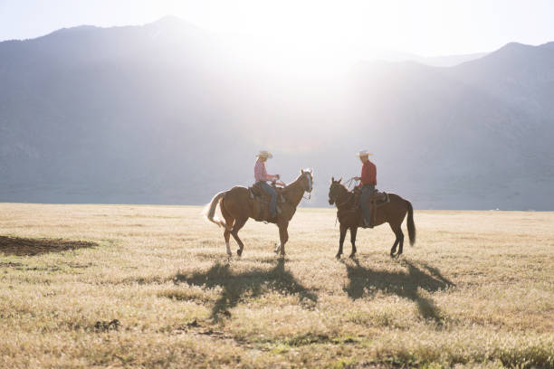 istock Cowboys Horseback Riding at sunrise 1003648788