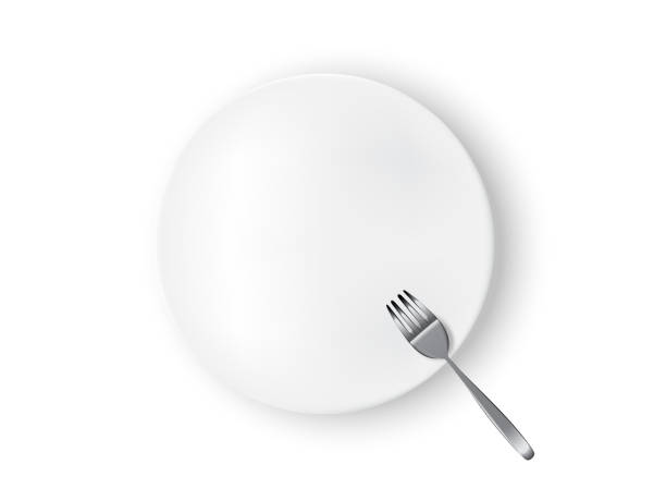 istock Mock up Realistic White Plate or Dish, Metal Fork on Dining Table for food isolated Background. 1003652882