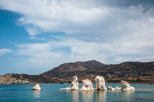 White rock formations on Ellinika beach (Kimolos island, Cyclades, Greece).