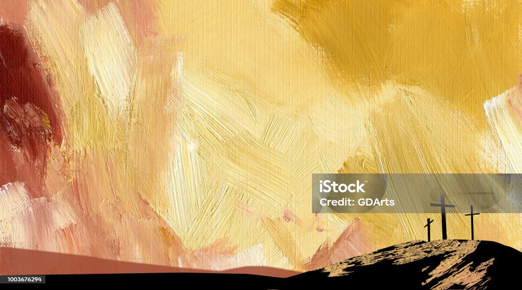 Graphic Christian crosses of Easter background in gold tones Graphic textured illustration of the crosses at Calvary where Jesus Christ was crucified as a sacrifice for humanity's sin. Dramatic rendition of the scene of the basis of Biblical gospel. Easter stock illustration