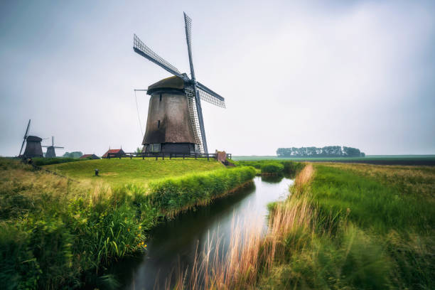 istock Old dutch windmills in cold morning scenery near Amsterdam 1003725398