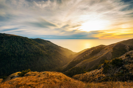 Sunset over the Pacific Ocean seen from the Nacimiento-Fergusson road  through the Santa Lucia Range  in California