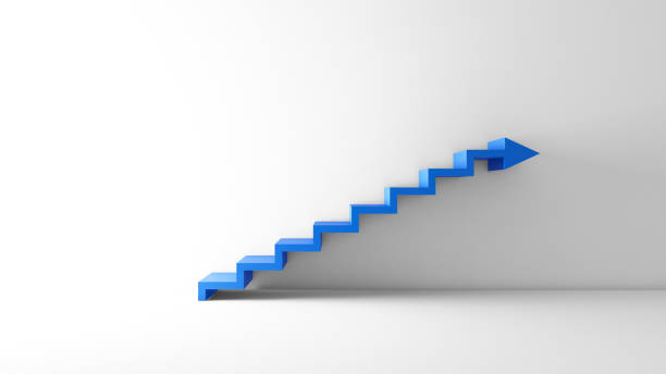 istock Rising arrow graph on staircase isolated on white background in empty room. Business concept. 3d illustration. 1003742824
