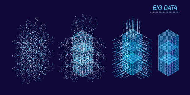 Big data Machine Learning Algorithms. Digital Technology Web Banner. Big data Machine Learning Algorithms. Abstract banner analysis of Information. Isometric view. Science darck blue Background. dark server stock illustrations