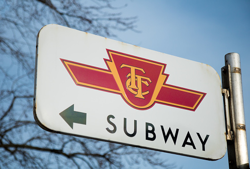 Toronto, Canada - March 17, 2017: TTC Subway sign outside Old Mill station