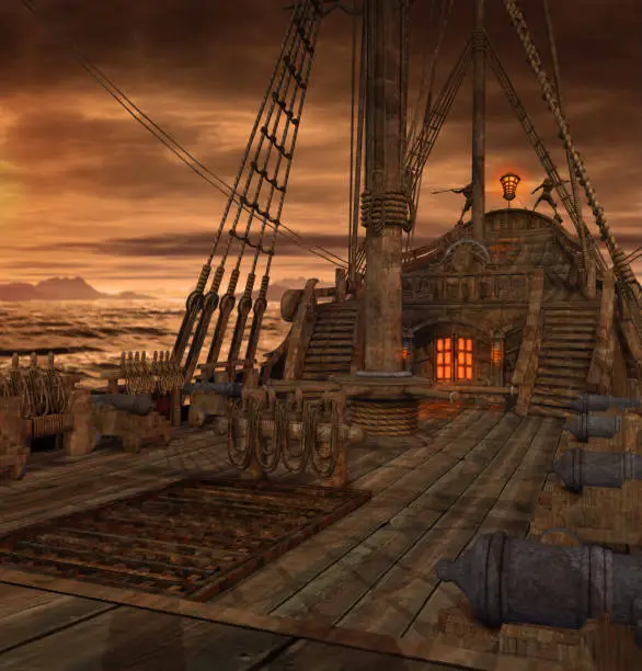 Photo of Pirate Ship Deck with Stairs and Cannons