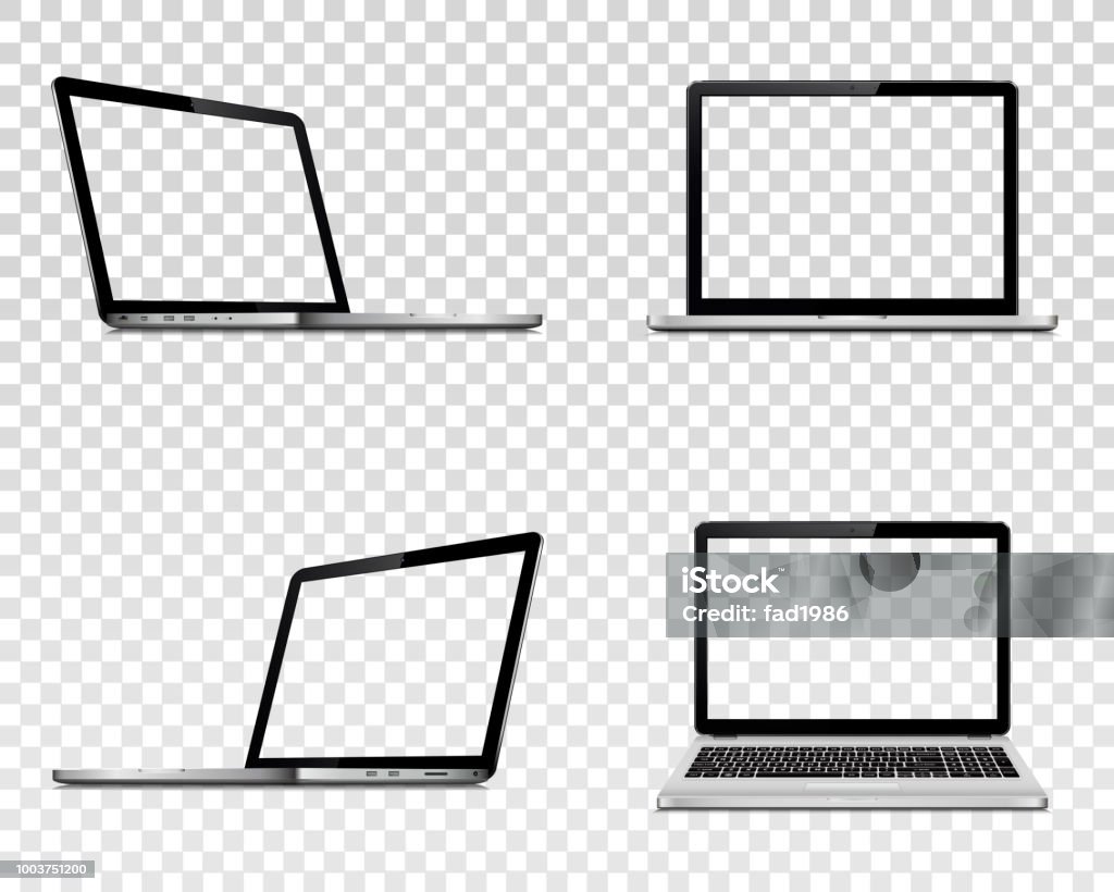 Set di laptop con schermo trasparente. Prospettiva, vista superiore e frontale. - arte vettoriale royalty-free di Computer portatile