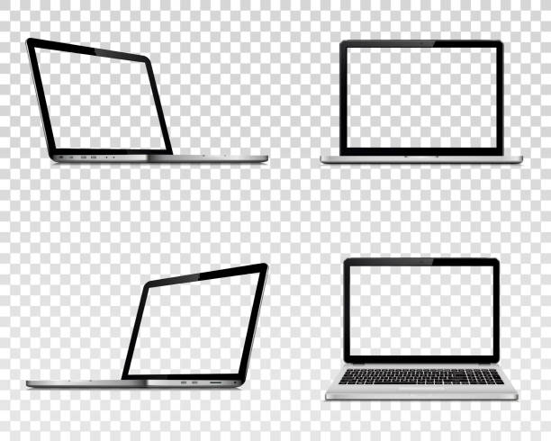 一組帶透明螢幕的筆記本電腦。透視, 頂部和前視圖。 - laptop isolated 幅插畫檔、美工圖案、卡通及圖標