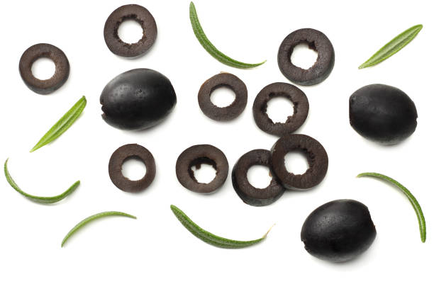istock Marinated black olives with rosemary isolated on white background. top view 1003764132