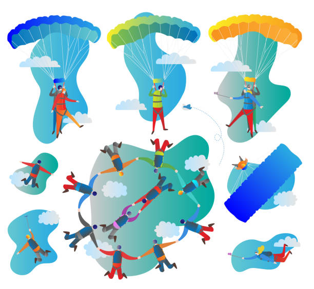 ilustrações de stock, clip art, desenhos animados e ícones de skydiving vector illustration set. collection of solo, tandem and formation group flights. pilot with passenger, harness, parachute and selfie stick. extreme sport. - skydiving tandem parachute parachuting