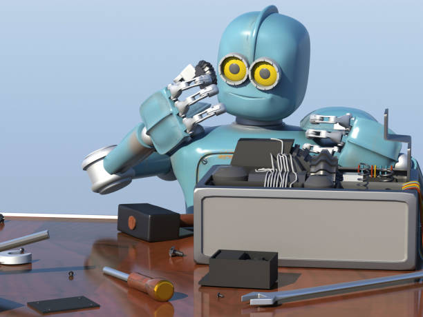 istock Retro Robot Repairs a broken mechanism, Android restores the detail. 3d Render. 1003772376