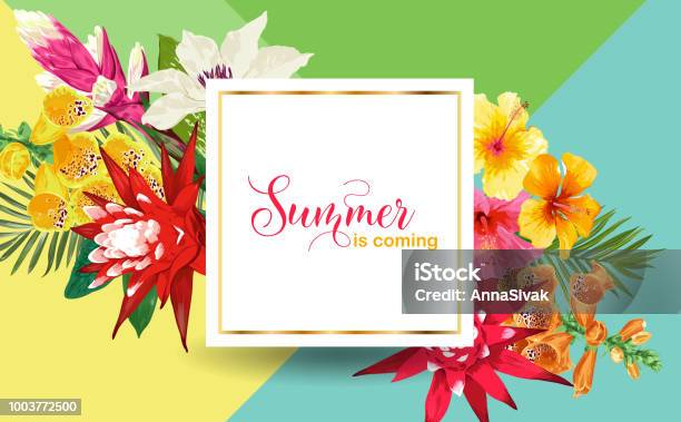 Summertime Floral Poster Tropical Flowers And Palm Leaves Design For Banner Flyer Brochure Fabric Print Hello Summer Watercolor Botanical Background Vector Illustration Stock Illustration - Download Image Now