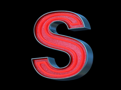 Red neon font with metallic body - Letter S, black background, 3d render