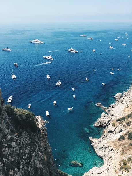 View of Via Krupp in Capri Island View of boats in the sea near via krupp, capri via krupp stock pictures, royalty-free photos & images