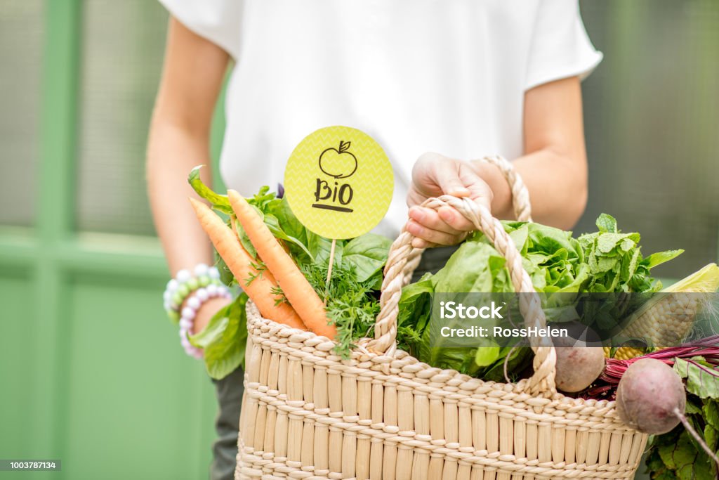 Bag with fresh vegetables Holding bag full of fresh organic vegetables with green sticker from the local market on the green background Organic Stock Photo