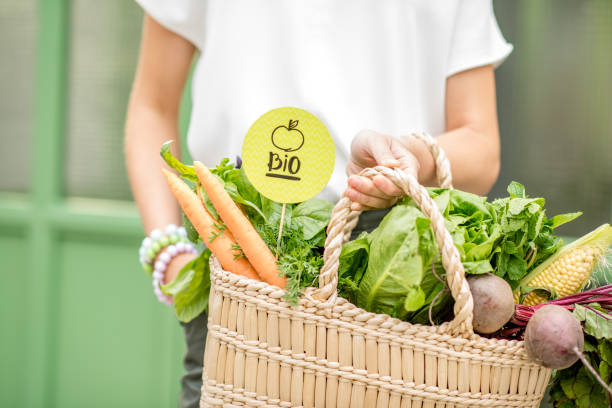 Bag with fresh vegetables Holding bag full of fresh organic vegetables with green sticker from the local market on the green background biology stock pictures, royalty-free photos & images