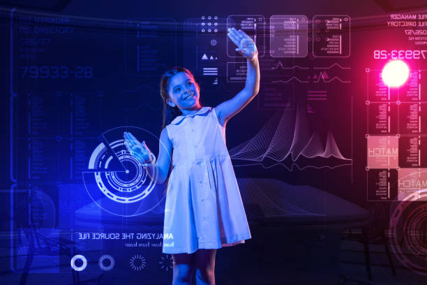 istock Lovely girl putting two hands on the screen and smiling 1003787592