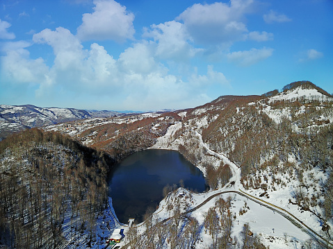 Aerial view of Mountain lake in Snow in Black Sea Region of Turkey. Ordu Golkoy.