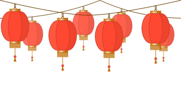 istock Garland with Chinese lantern chain, red asian traditional paper lamps without background, fairy lights, footer and banner for decoration, vector illustration 1003791570