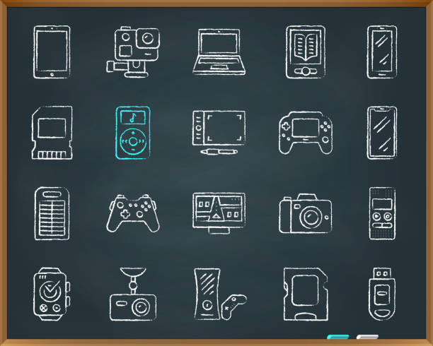kreide zeichnen linie gerätesymbole vektor-satz - computer icon symbol icon set media player stock-grafiken, -clipart, -cartoons und -symbole
