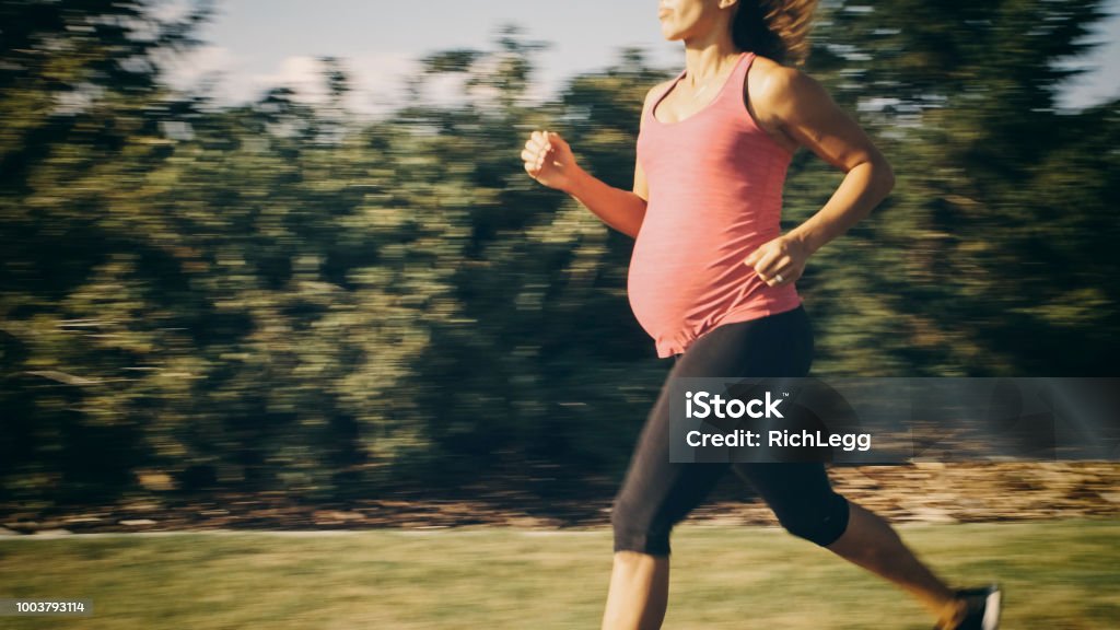 Pregnant Woman Fitness Exercise A pregnant woman jogging in a park. Pregnant Stock Photo