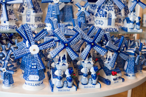 Typical Delft blue in a souvenir shop in Delft, The Netherlands