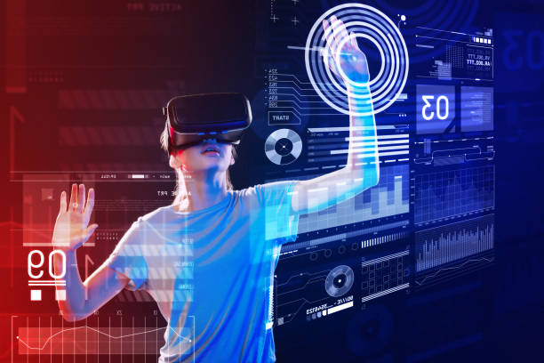 istock Progressive girl putting her head up while using virtual reality glasses 1003801380