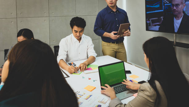 istock Video conference meeting presenting project to a group of managers 1003801624