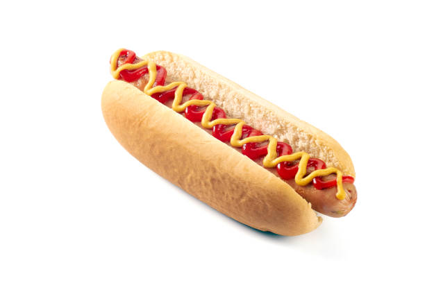istock Hot dog with mustard and ketchup on white 1003805916