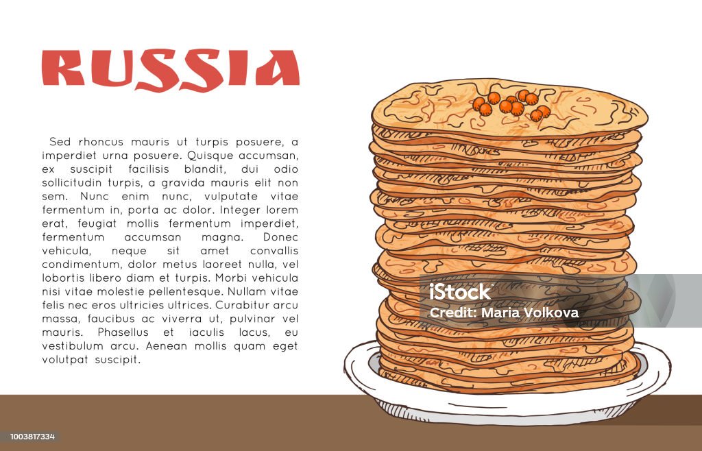 Banner with pancakes with red caviar on the table, inscription russia and place for text Drawing - Activity stock vector