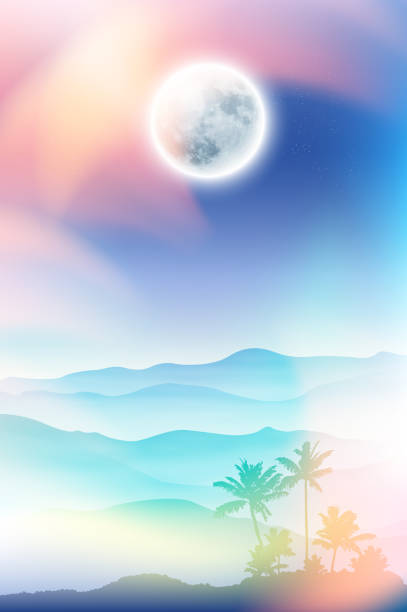 ilustrações de stock, clip art, desenhos animados e ícones de fullmoon and palm tree and mountains in the fog - rainforest tropical rainforest forest moonlight