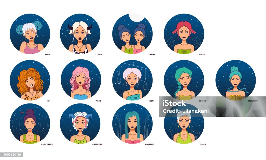 Set of 13 zodiac signs, symbols. Cartoon style avatars of girls. Aries, Taurus, Gemini, Cancer, Leo, Virgo, Libra, Scorpio, Sagittarius, Capricorn, Aquarius, Pisces, Ophiuchus. Astrology Sign stock vector