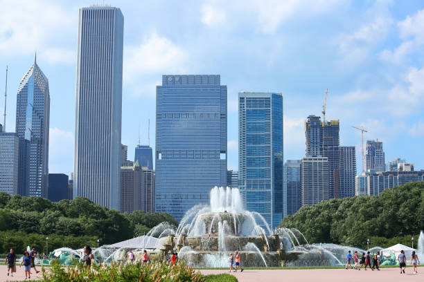 Chicago downtown skyline viewed from fountain in Grant Park