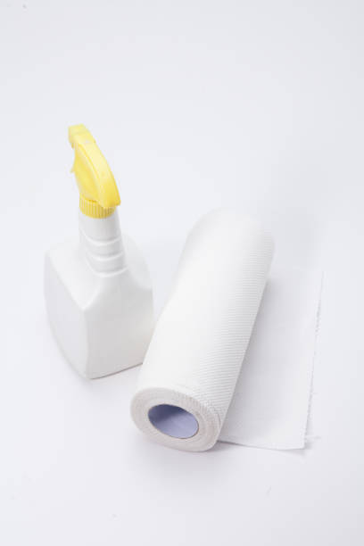 istock Laundry Detergent white spray with disposable fabric towel isolated 1003829384
