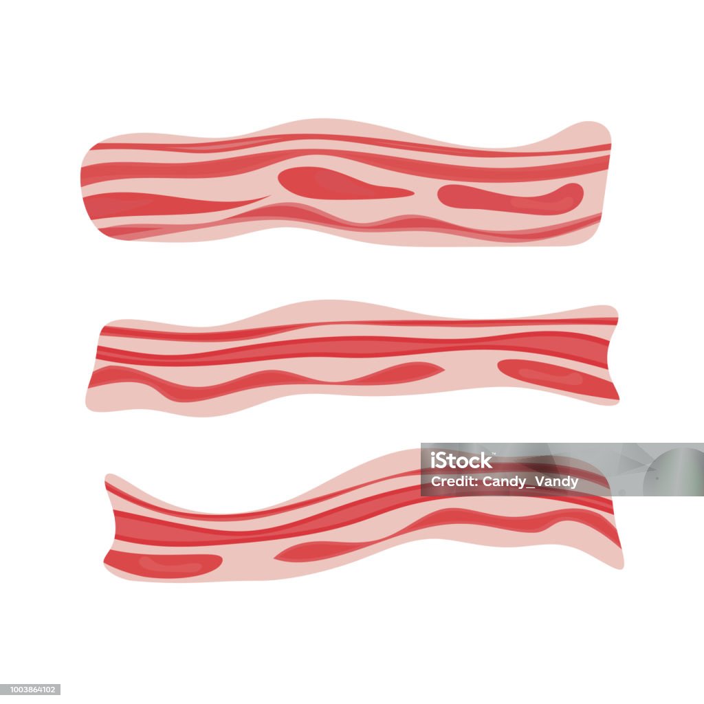 Fresh bacon stripe. Pork meat. Healthy tasty breakfast. Vector illustration set in flat style. Fresh bacon stripe. Pork meat. Healthy tasty breakfast. Vector illustration set in flat style Bacon stock vector