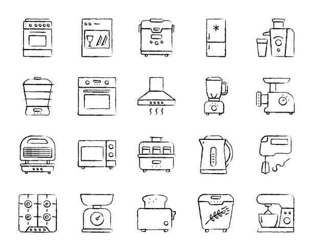 ilustrações, clipart, desenhos animados e ícones de conjunto de vetores de ícones de carvão linha de aparelho de cozinha - electric juicer