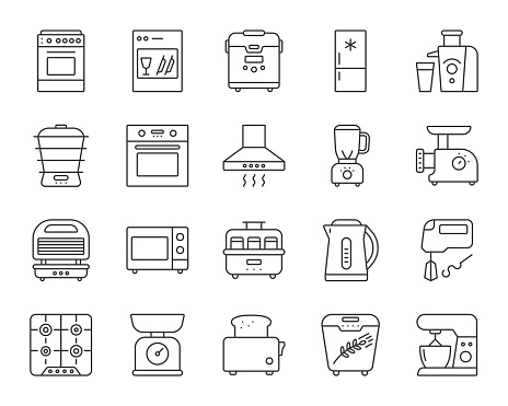 Kitchen Appliance thin line icons set. Outline web sign kit of equipment. Electronics linear icon collection includes blender, juicer, gas. Isolated simple kitchen black symbol vector Illustration