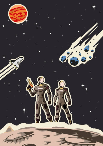illustrations, cliparts, dessins animés et icônes de espace rétro astronaute couple affiche - ad space illustrations