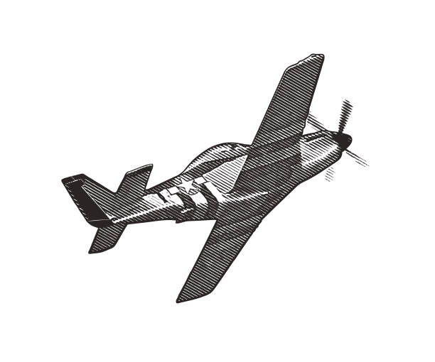 World War II P-51 Mustang Airplane. Engraving illustration of a World War II P-51 Mustang Airplane flying with cloudscape background. p51 mustang stock illustrations