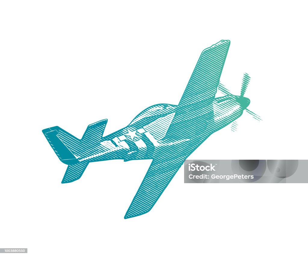 World War II P-51 Mustang Airplane. Engraving illustration of a World War II P-51 Mustang Airplane flying with cloudscape background. Air Vehicle stock vector