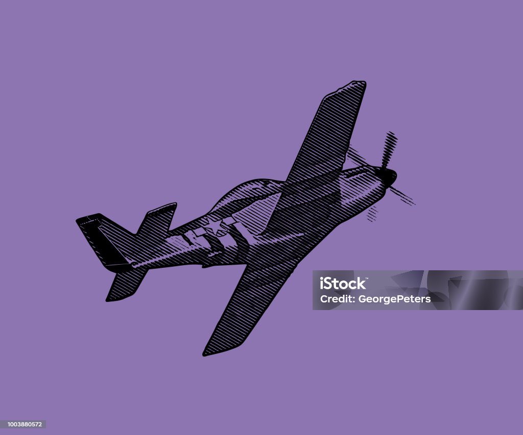 World War II P-51 Mustang Airplane. Engraving illustration of a World War II P-51 Mustang Airplane flying with cloudscape background. Air Vehicle stock vector