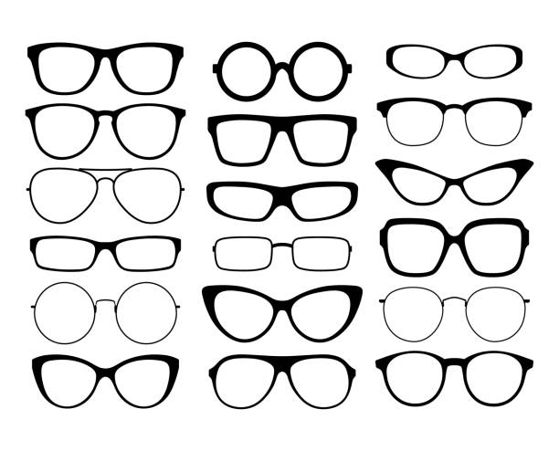 ilustraciones, imágenes clip art, dibujos animados e iconos de stock de varios vidrios de silueta negra. establecer marcos de anteojos. marcos de gafas de sol. - lente