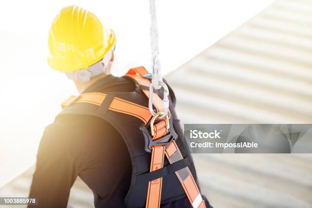 Industrial Worker With Safety Protective Equipment Loop And Harness Hanging At His Back Stock Photo - Download Image Now