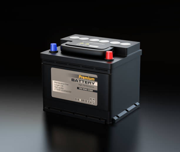 istock Generic maintenance-free car battery on black background 1003886392