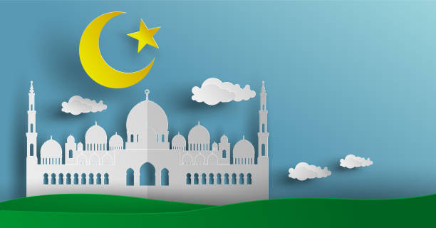 istock Mosque Moon star cloud on Blue in paper cut style for ramadan Background 1003891452